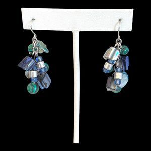 New Shell Earrings Green Stone Blue Glass Shell Dangle - 8P